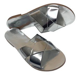 BOTKIER NY Ally‎ Silver Criss Cross Leather Slip on Flat Slides